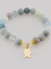 Pulsera de Aguamarina de 8 mm e Ichthus Dorado