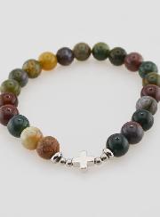 Pulsera religiosa de ágata india - 8 mm y cruz