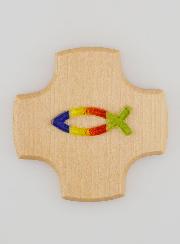 Cruz de madera de arce y pez ictus de cristal - 9 cm