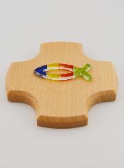 Cruz de madera de arce y pez ictus de cristal - 9 cm