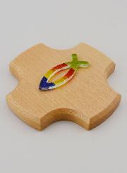 Cruz de madera de arce y pez ictus de cristal - 9 cm