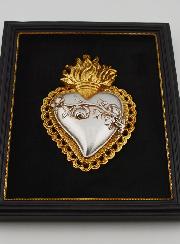 Exvoto de pared dorado y plateado sobre terciopelo negro - Corazón florido de 18 cm