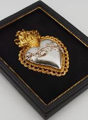 Exvoto de pared dorado y plateado sobre terciopelo negro - Corazón florido de 18 cm