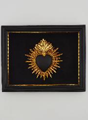 Mural Exvoto Corazón Negro y Dorado sobre Terciopelo - 16 cm