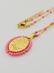 Collar religioso de cuentas y medalla milagrosa - Rosa