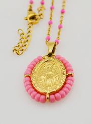 Collar religioso de cuentas y medalla milagrosa - Rosa