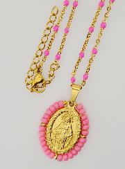 Collar religioso de cuentas y medalla milagrosa - Rosa