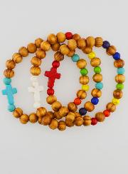 Juego de 3 pulseras religiosas de madera con cruz