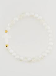 Pulsera religiosa con cruz y cuentas de vidrio blancas