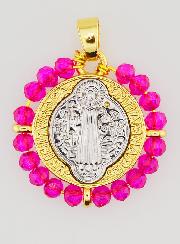 Medalla de San Benito en latón y cristal fucsia