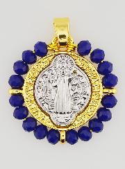 Medalla de San Benito en latón y vidrio azul