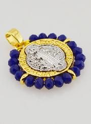 Medalla de San Benito en latón y vidrio azul