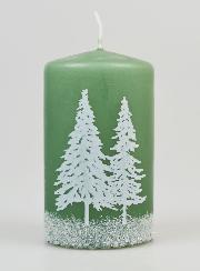 Vela navideña con pinos nevados - Verde
