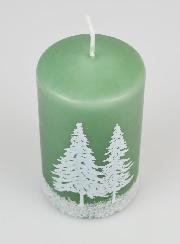 Vela navideña con pinos nevados - Verde