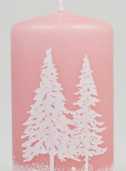 Vela navideña con pinos nevados - Rosa empolvado
