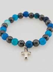 Pulsera con cruz - Ágata azul y hematita 8 mm