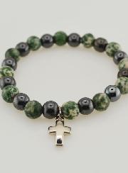 Pulsera con Cruz - Ágata Árbol y Hematita 8 mm