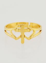 Anillo religioso ajustable con cruz y corazones - Dorado