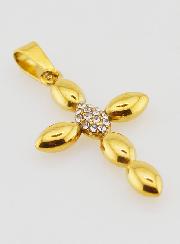 Pingente Cruz Aço Inoxidável Dourado & Zircônios - 25mm