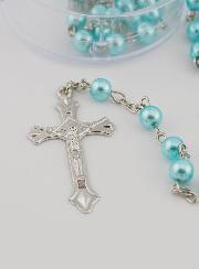 Rosario de Lourdes con Cuentas azul nacaradas - Caja de regalo