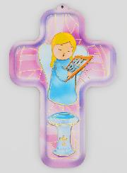 Cruz em Madeira Infantil - Anjo com Harpa