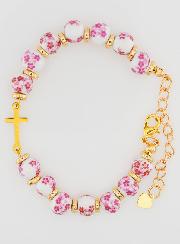 Pulsera Con Cruz - Cuentas de Cerámica - Rosa