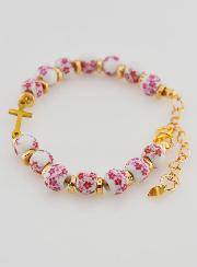 Pulsera Con Cruz - Cuentas de Cerámica - Rosa