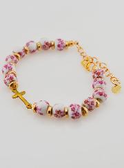 Pulsera Con Cruz - Cuentas de Cerámica - Rosa