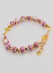 Pulsera Con Cruz - Cuentas de Cerámica - Rosa