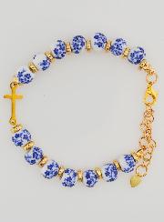 Pulsera Con Cruz y Cuentas de Cerámica - Azul