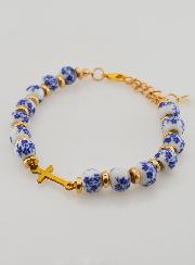 Pulsera Con Cruz y Cuentas de Cerámica - Azul