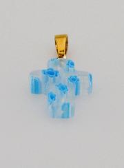 Colgante de cruz en vidrio artesanal - Blanco y azul