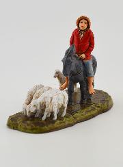 Figura de pastor en el lomo de un burro y sus ovejas - 6 cm