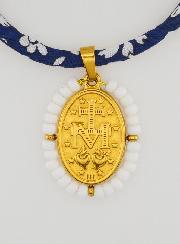 Medalla Milagrosa con borde de perlas - Cordón azul