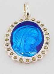 Medalla Perfil Virgen María - Plata y Esmalte Azul - 30mm