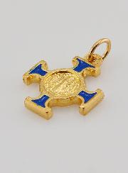 Pingente Cruz de São Bento Dourada - Azul - 2cm